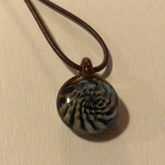 Blue and White Glass necklace on Brown Cord - Picture 2 of 10